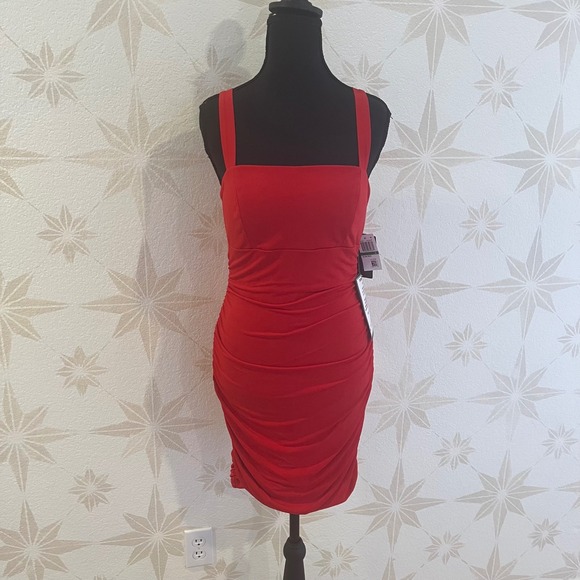 City Studio Dresses & Skirts - 🆕City Studio Sexy Red Square Neck Ruched Bodycon Mini Cocktail Dress Women Sz L